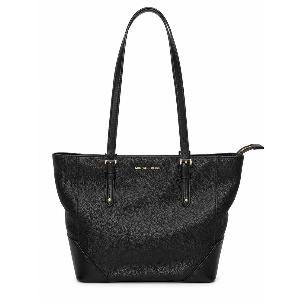 Michael Kors Black Pebbled Leather Large Tote Shoulder Bag Gold Hardware Zip Top